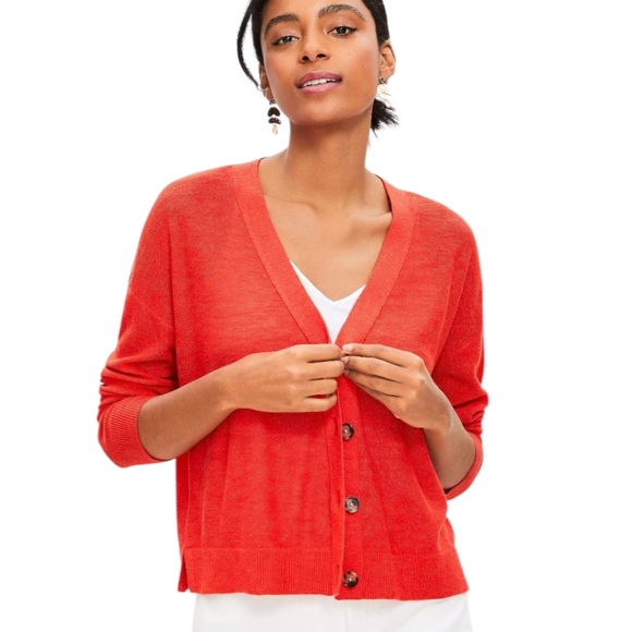 LOFT Women’s Orange Drop Shoulder V-Neck Button Down Cardigan Sweater Size M - Picture 1 of 12